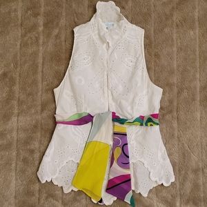 Emilio Pucci scalloped edge eyelet top with Pucci -printed silk sash